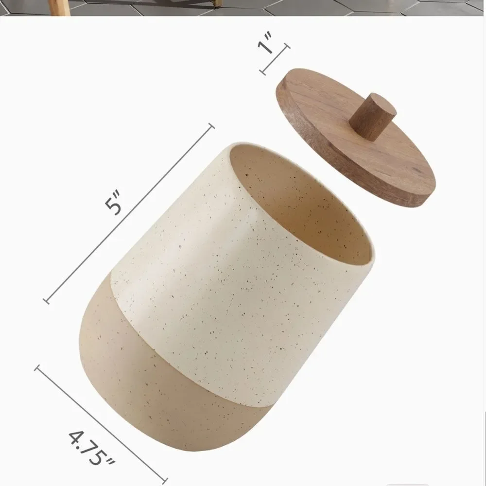 Farmhouse Ceramic Canister Set Country Cottage Beige Wooden Lids Eclectic